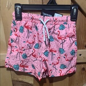 Kids Pink Flamingo Print Swim Trunks with Drawstring Waist